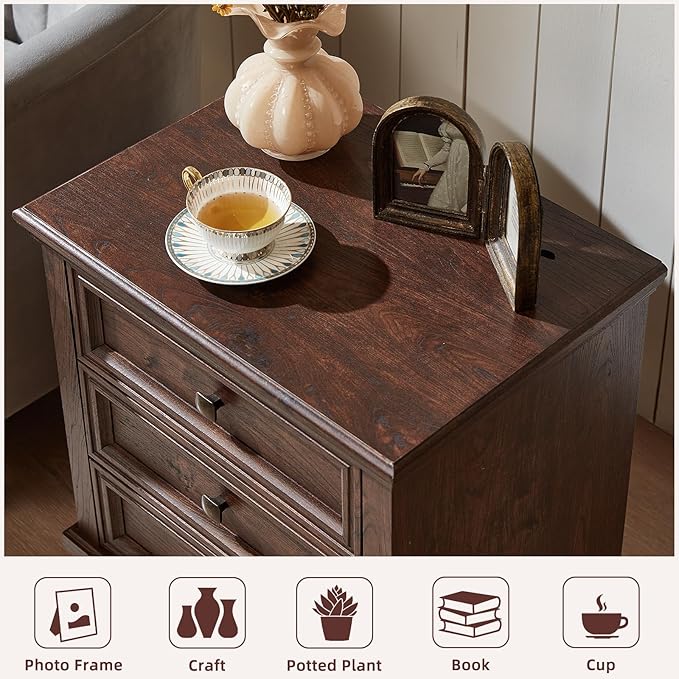 Farmhouse Nightstand with 3 Drawers, Rustic Couch End Table with 4 Square Solid Wood Legs, Mid-Century Modern Bed Side Table with Storage, Small Dresser for Bedroom, Living Room, Walnut