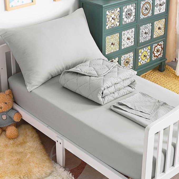 NTBAY Toddler Bedding Set - 4 Piece Soft and Breathable Crib Bedding Set for Boys and Girls, Includes Quilted Comforter, Fitted Sheet, Flat Top Sheet and Envelope Pillowcase, Light Grey