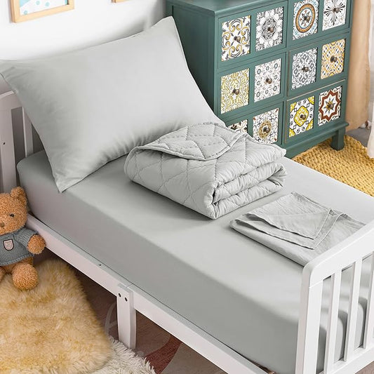 NTBAY Toddler Bedding Set - 4 Piece Soft and Breathable Crib Bedding Set for Boys and Girls, Includes Quilted Comforter, Fitted Sheet, Flat Top Sheet and Envelope Pillowcase, Light Grey