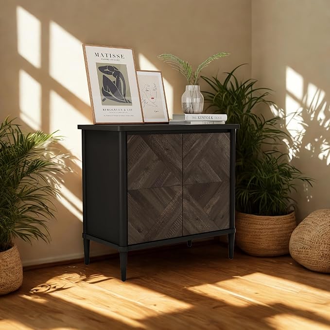 Lenia Solid Wood Storage Cabinet with Diamond Pattern Doors, Rustic Farmhouse Accent Cabinet for Living Room, or Entryway, Durable Acacia Wood, Mocha Black