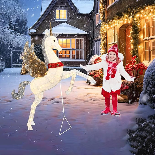 4.7ft Light Up Unicorn Christmas Decorations for Outdoor Indoor, 140 LED Lighted Yard Decoration with Waterproof Safe Material for Garden, Lawn, Party, Holiday, Ground Stakes Zip Ties, Plug and Play