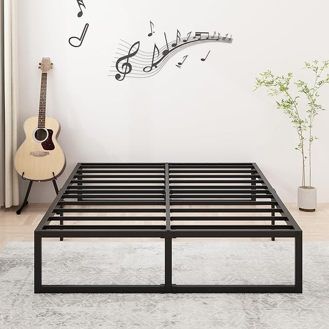 14 Inch Full XL Size Bed Frame No Box Spring Needed, Heavy Duty XL Full Metal Platform Beds with Sturdy Steal Slats for Mattress Foundation, Easy Assembly, Noise Free, Black
