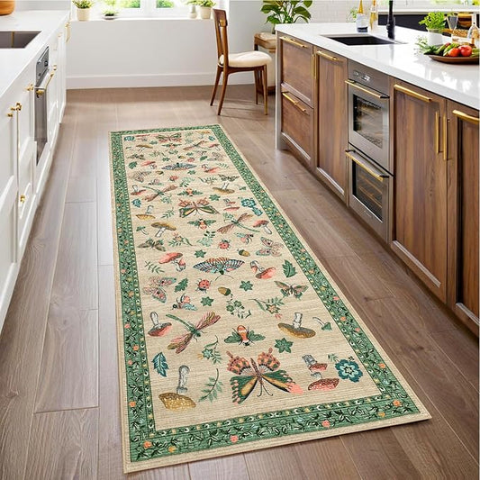 Mushroom Insect 2x6 Runner Rug for Hallway Washable Kitchen Rugs Non Slip with Rubber Back Khaki Green Low-Pile Stain Resistant Indoor Carpet for Entryway Bathroom Laundry Dorm