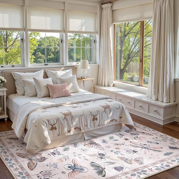 Lahome Insect Print Washable Rugs 8x10, Soft 8x10 Rugs for Living Room Dining Room Ultra-Thin, Non-Slip Modern Bedroom Rug Large Carpet Non-Shedding Accent Rug for Office Classroom(8x10ft,Pink)