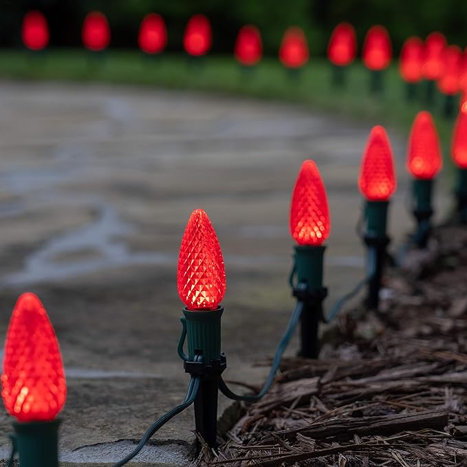 Wintergreen Lighting 25' OptiCore LED C9 Red Pathway Christmas Lights, Heavy Duty Bulbs for Driveway, Walkway Marker, 5" Commercial PathPRO Stakes, 18 Gauge Green Wire