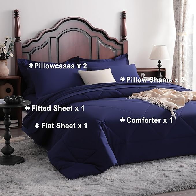 NTBAY Queen Comforter Set with Sheets, 7 Pieces Soft and Breathable Queen Bedding Set, Bed in a Bag, Down Alternative Comforter Set Solid Color All Season, Queen Bedding Set, Navy Blue