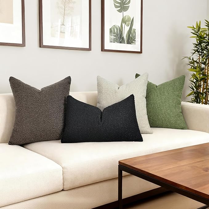 Textured Boucle Pillow Covers 18x18 Inch Set of 2, Striped Solid Pillowcases Cozy Soft Modern Accent Boho Square Decorative Throw Pillows for Couch Sofa Bed Living Room Home Decor, Green