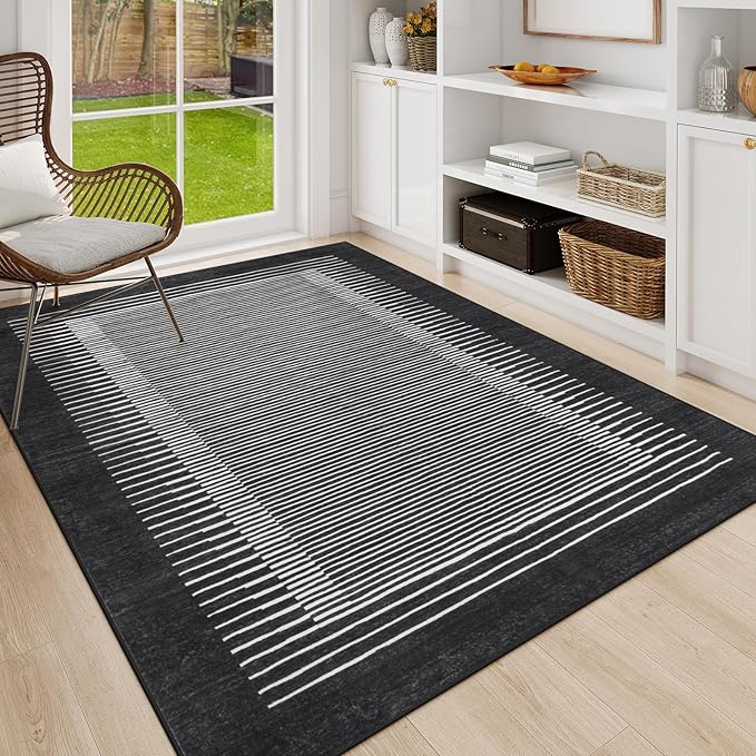 Morebes Modern Washable 5x7 Rug for Living Room, Geometric Striped Bedroom Rug Non Slip Office Rug, Stain-Resistant Low Pile Soft Indoor Floor Carpet for Dining Room Playroom, Black