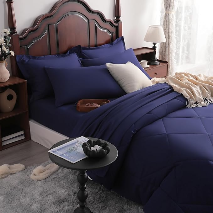 NTBAY Queen Comforter Set with Sheets, 7 Pieces Soft and Breathable Queen Bedding Set, Bed in a Bag, Down Alternative Comforter Set Solid Color All Season, Queen Bedding Set, Navy Blue
