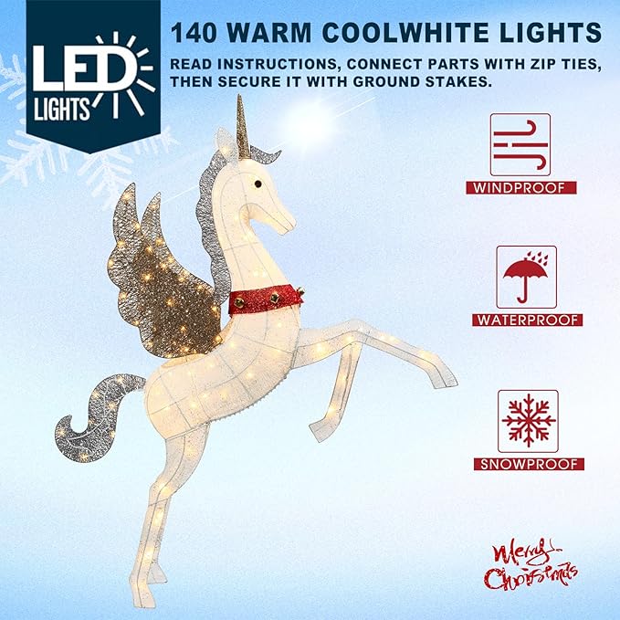 4.7ft Light Up Unicorn Christmas Decorations for Outdoor Indoor, 140 LED Lighted Yard Decoration with Waterproof Safe Material for Garden, Lawn, Party, Holiday, Ground Stakes Zip Ties, Plug and Play
