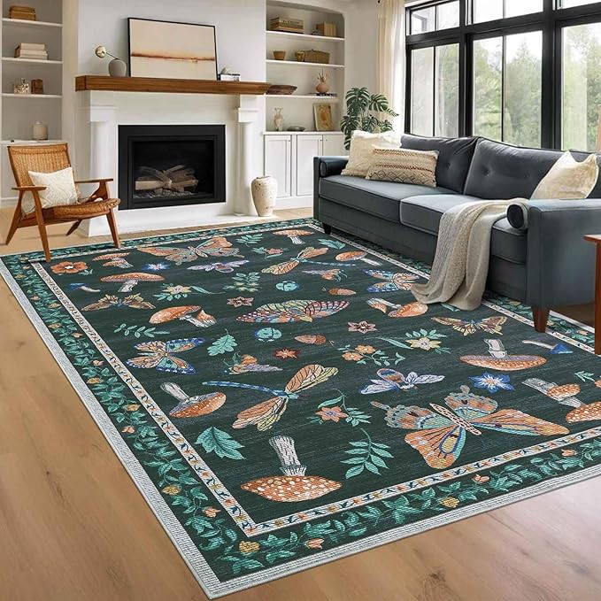 Mushroom 9x12 Rug for Living Room Non Slip Washable 9 x 12 Rug for Bedroom with Rubber Back Soft Low-Pile Stain Resistant Foldable Large Carpet for Office Nursery Dining Room Black