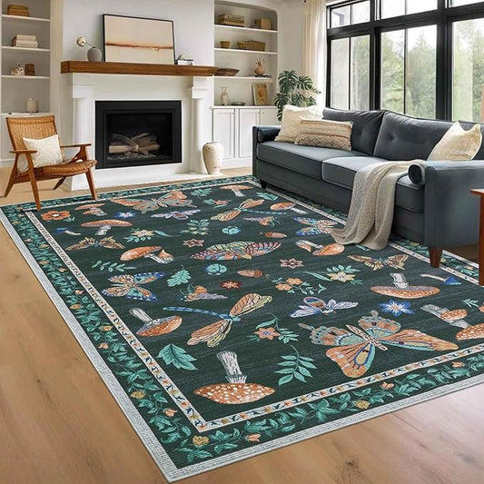 Mushroom 9x12 Rug for Living Room Non Slip Washable 9 x 12 Rug for Bedroom with Rubber Back Soft Low-Pile Stain Resistant Foldable Large Carpet for Office Nursery Dining Room Black