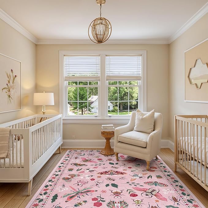 Lahome Insect Washable Rugs 8x10, Soft 8x10 Rugs for Living Room Dining Room Ultra-Thin, Non-Slip Bedroom Rug Large Carpet Non-Shedding Accent Rug for Girls Classroom Nursery(8x10ft,Pink)