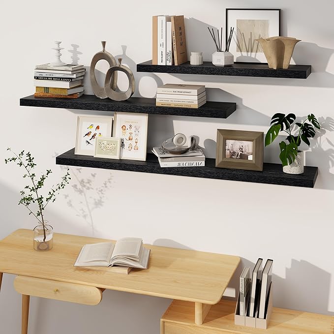 Fun Memories Deep Black Floating Shelves, 8 Inch Deep Floating Shelf for Wall, Rustic Black Wall Shelves 55 Inch Long, Large 55 x 8 Storage Shelves for Living Room, Bedroom, Kitchen