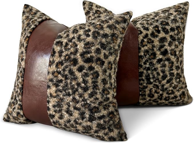 Cheetah Pillow Covers 18x18 Set of 2, Brown Faux Leather & Leopard Print Boucle Accent Throw Pillow Cover, Decorative Boho Farmhouse Pillowcases Cushion Cover Couch Bed Livingroom Home Decor