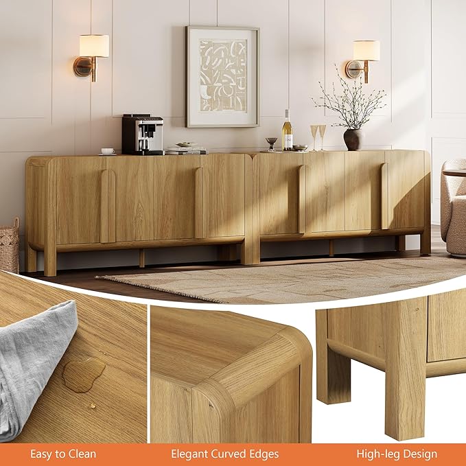 WAMPAT 126" W Large Buffet Sideboard Cabinet with Storages, Modern Buffet Table Coffee Bar Wine Bar Storage Curved Cabinet with 4 Doors for Dining Room, Living Room, Kitchen,Walnut