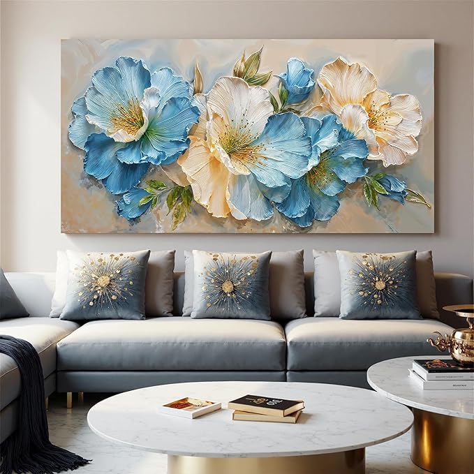 Oversized Wall Art Decor White Blue Flower Art pictures for living room Green Botanical Wall Art Decor Paintings Prints Modern Aesthetics Wall Art For Home Bedroom Office Room Wall Decor 29×58 Inch