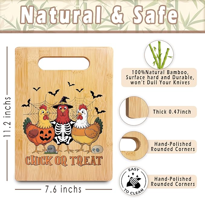 SPBL&L Halloween Chicken Gothic Skeleton Cutting Board, Halloween Gifts for Women, Chicken Gifts, Chick Or Treat Spooky Season Witchy Decorative Bamboo Cutting Chopping Board for Kitchen