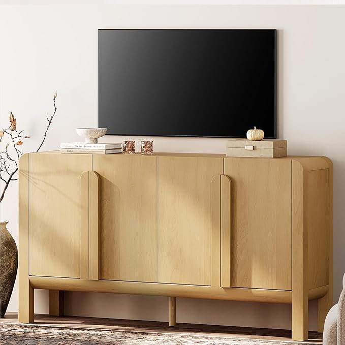 WAMPAT 63" Wide Large Buffet Sideboard Cabinet with Storages, Modern Buffet Table Coffee Bar Wine Bar Storage Curved Cabinet with 4 Doors for Dining Room, Living Room, Kitchen,Oak