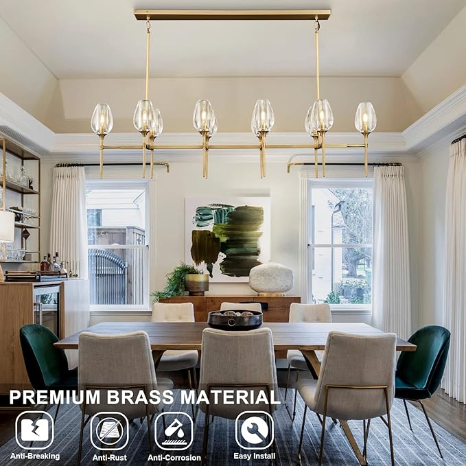 Modern Crystal Chandelier 10 Lights Brass, 65in Gold Rectangle Tulip K9 Crystal Chandeliers, Large Chandelier Ceiling Light for Dining Living Room Bedroom Entryway, E12 Bulbs Included