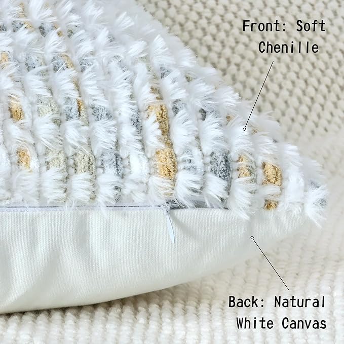 Boho Chenille Tufted Pillow Cover 12x20 Inch Set of 1, Farmhouse Striped Decorative Pillow Covers Accent Fluffy Neutral Lumbar Pillowcases for Couch Sofa Bedroom Living Room, Gray Khaki