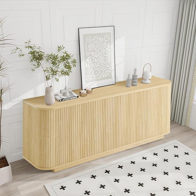 64" Buffet Sideboard Cabinet with Storage, Modern Fluted Accent Credenza with Adjustable Shelves, Wood Coffee Bar Console Table for Living Room Kitchen Dining Room Hallway, Natural