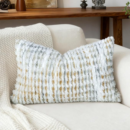 Boho Chenille Tufted Pillow Cover 12x20 Inch Set of 1, Farmhouse Striped Decorative Pillow Covers Accent Fluffy Neutral Lumbar Pillowcases for Couch Sofa Bedroom Living Room, Gray Khaki