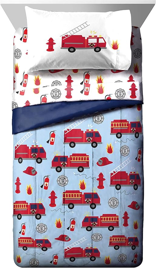 Jay Franco Trend Collector Go Fire Truck Go 5 Piece Twin Bed Set - Includes Comforter & Sheet Set - Super Soft Fade Resistant Microfiber Bedding