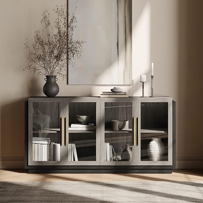 BELLEZE Sideboard Buffet Cabinet, Modern Wood Glass-Buffet-Sideboard with Storage, Console Table for Kitchen, Dining Room, Living Room, Hallway, or Entrance - Brixston (Grey)