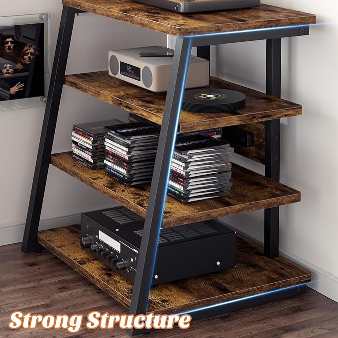 AV Media Stand with Outlets, Media Console with LED Lights, Stereo Racks and Stands with Storage Shelves, Media Audio Tower Cabinet, Rustic Brown
