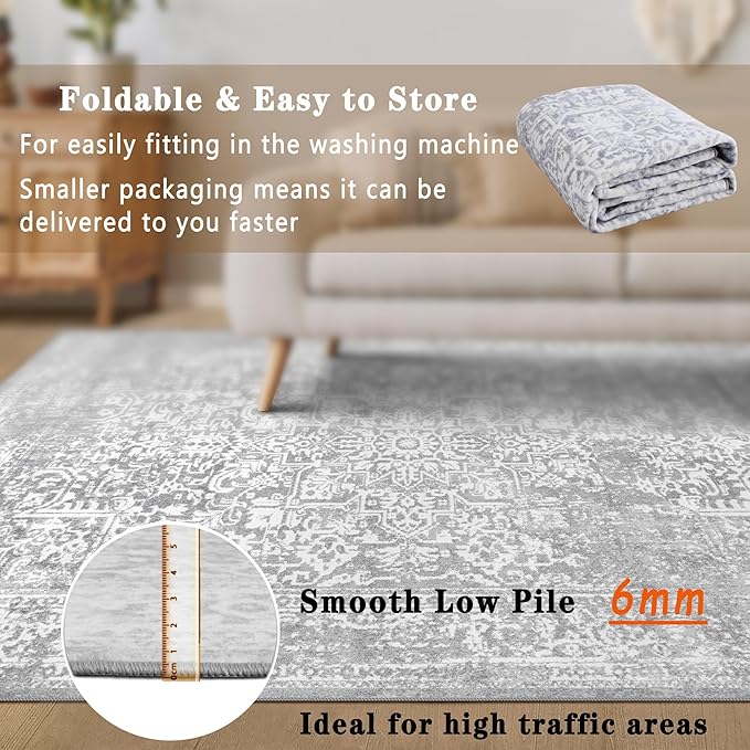 vivorug Runner Rug 2'x7' Vintage Washable Non-Slip Runners for Hallways Kitchen Entryway Laundry Room Carpet Hallway Runner Ivory/Silver