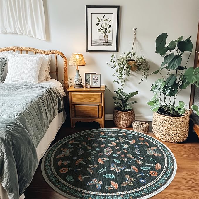 Mushroom Insect 4ft Round Rug Washable Non-Slip Soft Ultra-Thin Small Boho Circle Carpet for Entryway Kitchen Bedroom Nursery Dining Room Black