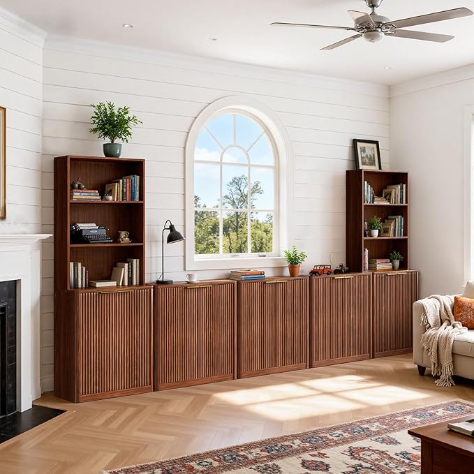 Evermagin 5-Piece Entertainment Center with Bookshelves for TVs up to 85", Mid Century Modern TV Stand with Bookcases, Walnut Buffet Cabinet with Storage for Living Room