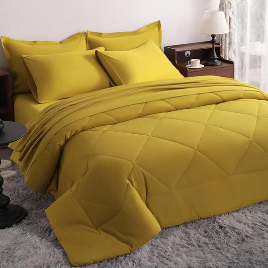 NTBAY King Comforter Set with Sheets, 7 Pieces Soft and Breathable King Bedding Set, Bed in a Bag, Down Alternative Comforter Set Solid Color All Season, King Bedding Set, Yellow