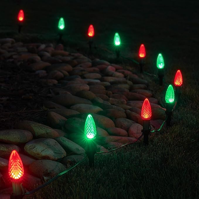 Wintergreen Lighting 50' OptiCore LED C9 Red and Green Pathway Christmas Lights, Heavy Duty Bulbs for Driveway, Walkways, 5" Commercial PathPRO Stakes, 18 Gauge Green Wire