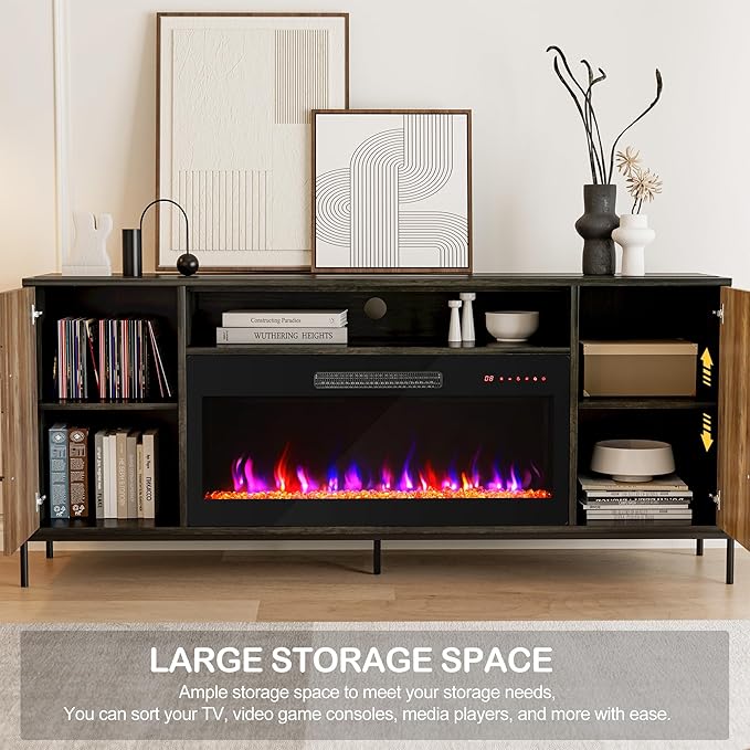 BELLEZE 68" TV Stand with 36" Electric Fireplace Heater, Entertainment Center with Storage Cabinet, Console Table for TVs up to 75" for Living Room, Bedroom - Harper (Black Ebony)