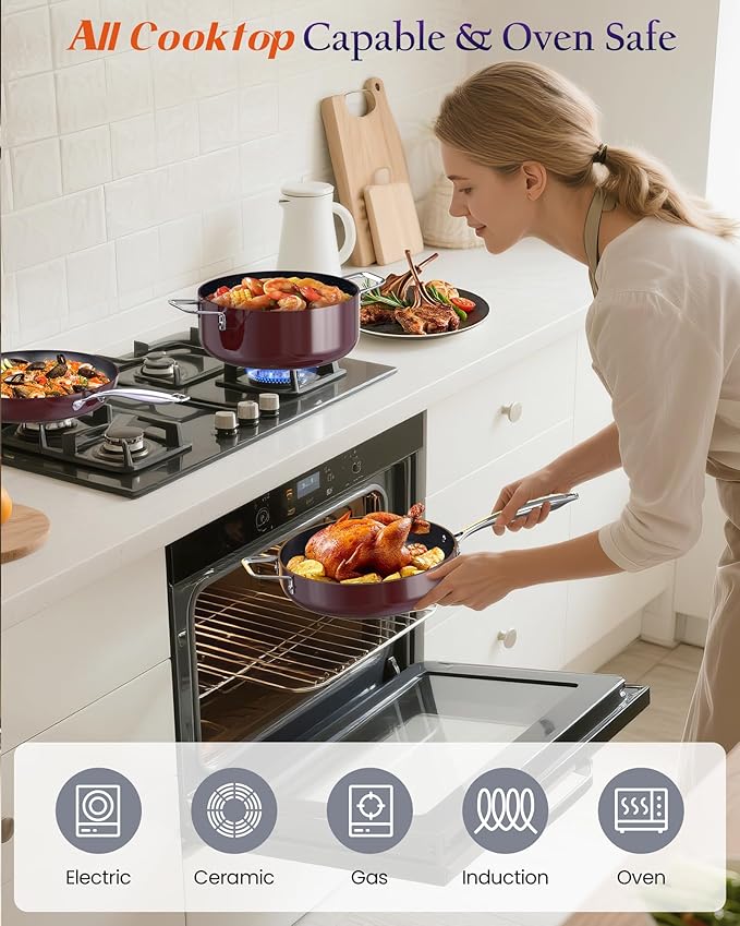 Nuwave Essential Series 5PC Ceramic Cookware Set PFAS-Free, G11 Duralon Blue Coating, Pots and Pans Set Non Stick, Diamond Scratch-Resistant,Stay-Cool Handle, Metal Lid,Induction Ready,Dishwasher Safe