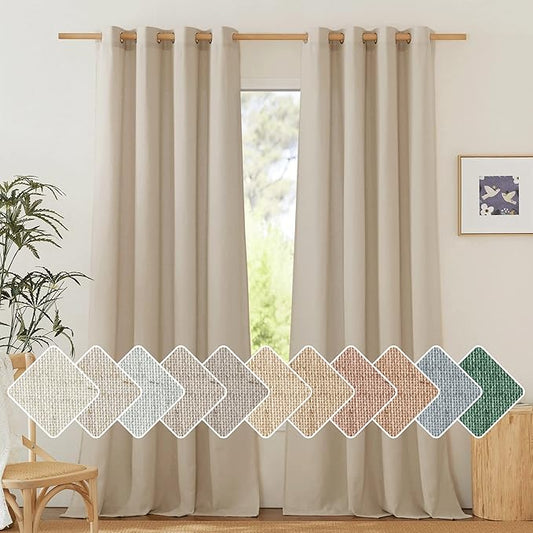 NICETOWN Thick Flax Linen Curtains for Living Room, Rustic Grommet Semi Sheer Privacy Assured Linen Blend Drapes with Light Filtering for Living Room/Bedroom, Angora, W55 x L96, 1 Pair
