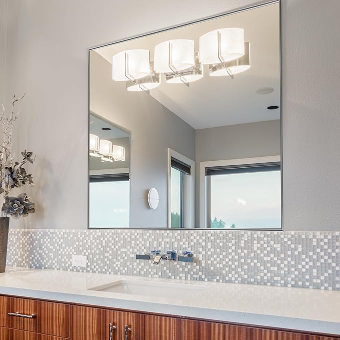 Frame My Mirror Silver Metal Framed Mirror, 34" x 44" Mirror for Bathroom, Metal Frame, True Reflections Glass, Satin Nickel Finish, Stanton Design, Hangs Horizontally or Vertically, Made in USA