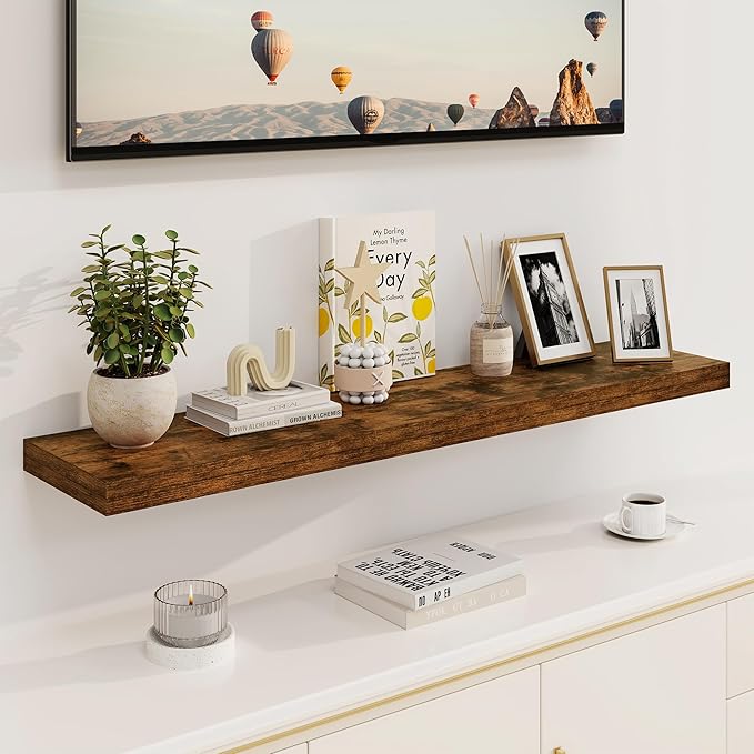 Fun Memories Floating Shelves, 8 Inch Deep Floating Shelves, Rustic Wood Fireplace Mantel 48 in Long, 48 x 8 Floating Wall Shelves for Living Room, Kitchen, Bedroom, Rustic Brown, 1 Pack