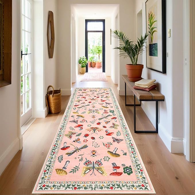 Mushroom Insect 2x6 Runner Rug for Hallway Washable Kitchen Rugs Non Slip with Rubber Back Light Pink Low-Pile Stain Resistant Indoor Carpet for Entryway Bathroom Laundry Dorm