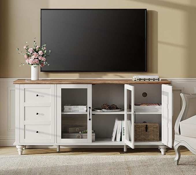 WAMPAT Farmhouse TV Stand for TVs Up to 65 inch, Glass Door TV Cabinet with Adjustable Shelf, Wooden Entertainment Center for 32-60 inch TV Console Table, Off White