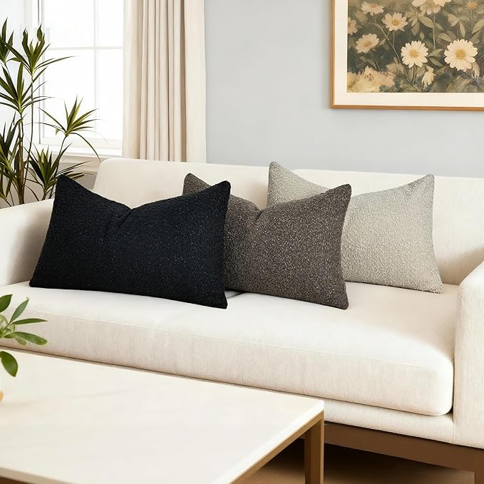 Textured Boucle Pillow Covers 12x20 Inch Set of 2, Striped Solid Pillowcases Cozy Soft Modern Accent Boho Lumbar Decorative Throw Pillows for Couch Sofa Bed Living Room Home Decor, Oatmeal