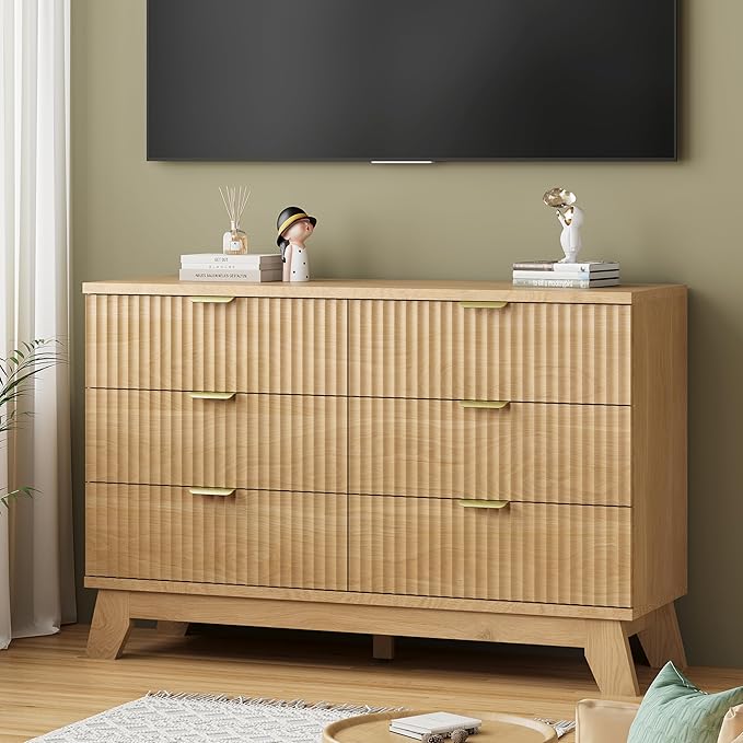 Fluted Dresser for Bedroom with 6 Drawers, 48" Wide Modern Chest of Drawers with Metal Handle, Wooden Dresser TV Stand, Wood Closet Clothes Storage Organizer for Living Room, Hallway, Natural Oak