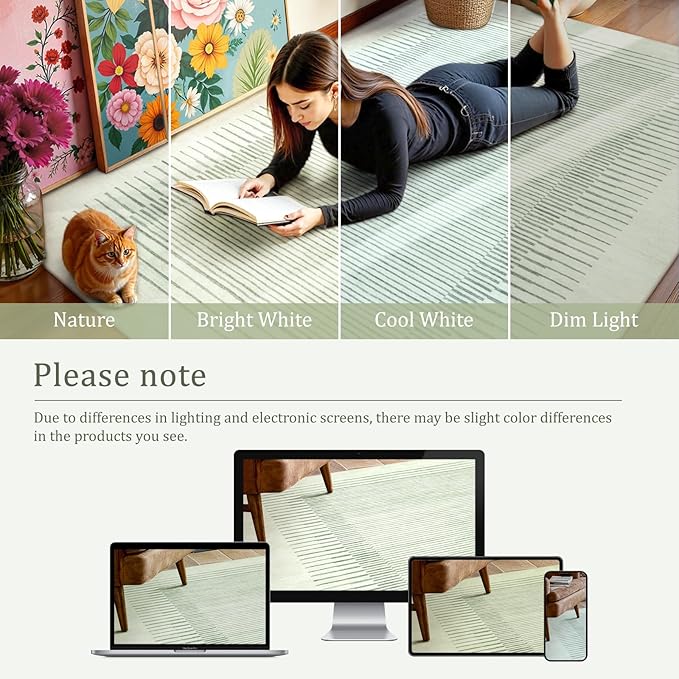 Morebes Sage Green Rug for Living Room, 5x7 Washable Area Rug for Bedroom Non Slip Modern Striped Boy Room Rug, Stain-Resistant Geometric Low Pile Soft Carpet for Nursery Dining Room