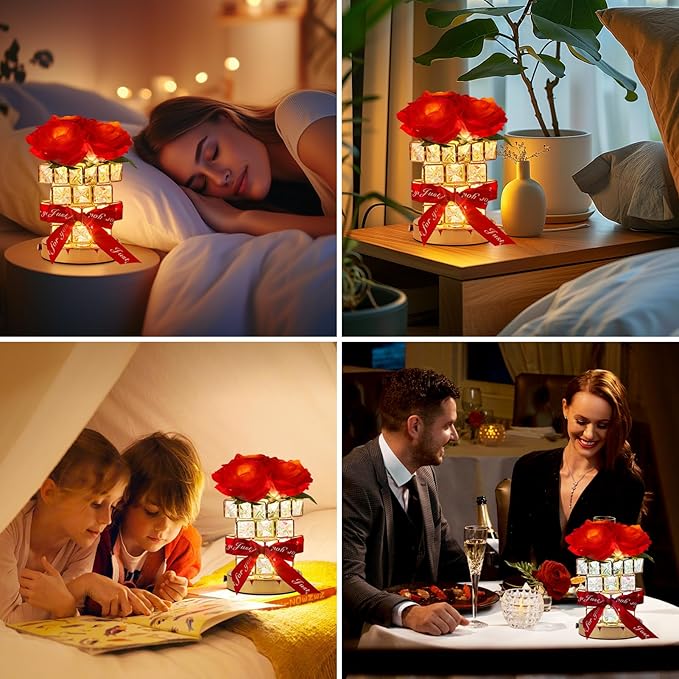 Rose Flower Table Lamp Gifts: for Women/Mother's Day/Mom/Grandma/Sister/Girlfriend, Battery Powered Small Night Light for Kitchen Bedroom Office Decor,Rechargeable Cordless Touch Crystal Lamp