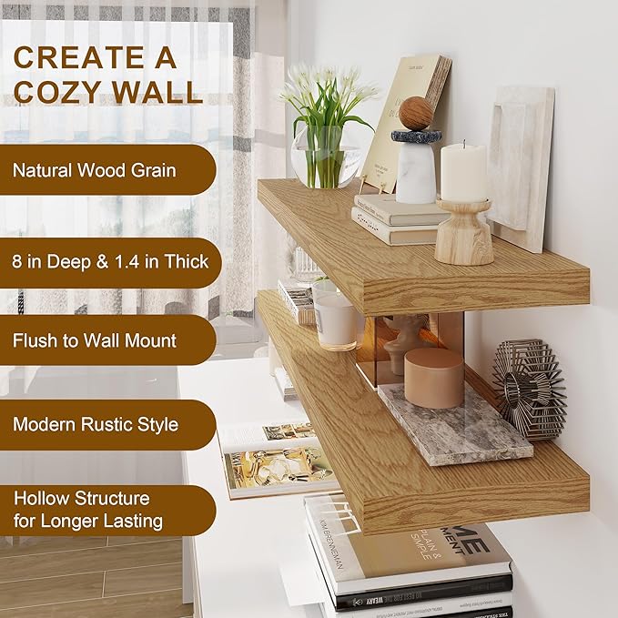 30 Inch Floating Shelves, Rustic Floating Wall Shelves 8 Inch Deep, 30 x 8 Floating Shelves for Home Decor, Deep Display & Storage Shelves for Kitchen, Bathroom, Living Room, Oak Color, Set of 2