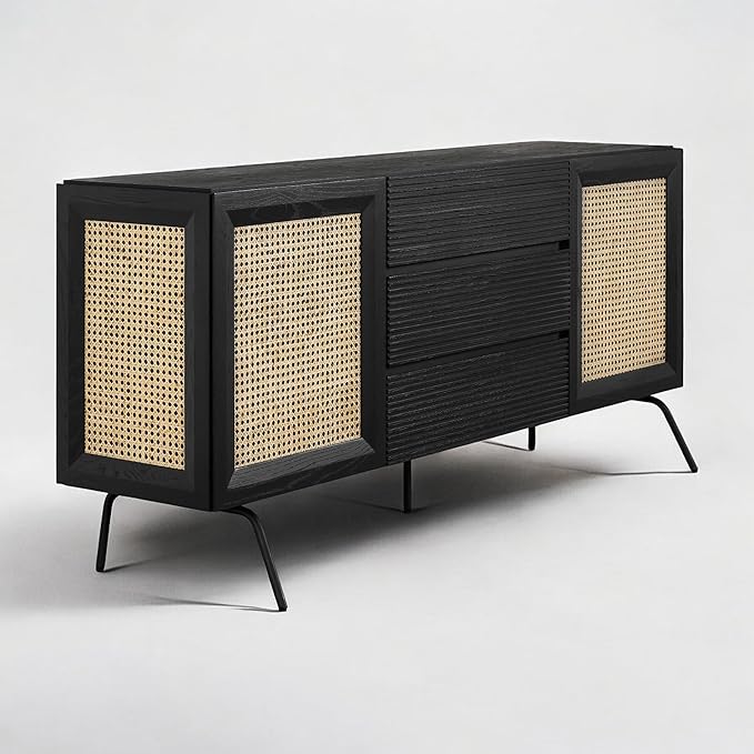 NTC MOSSIC Sideboard with 2 Doors and 3 Drawers, Buffet Cabinet with Natural Rattan and Metal Legs, Modern Storage Cabinet for Living Room, and Hallway, Effortless Assembly - Burnt Black