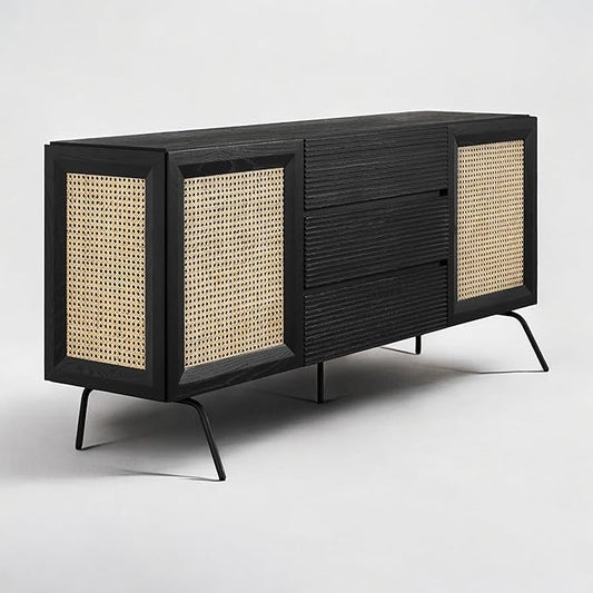NTC MOSSIC Large Sideboard with 2 Doors and 3 Drawers, Buffet Cabinet with Natural Rattan and Metal Legs, Modern Storage Cabinet for Living Room, and Hallway, Effortless Assembly - Burnt Black