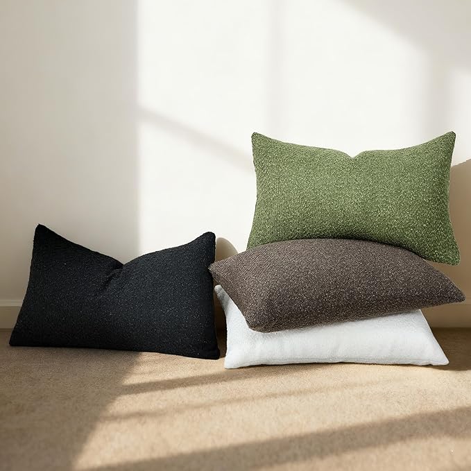 Textured Boucle Pillow Covers 12x20 Inch Set of 2, Striped Solid Pillowcases Cozy Soft Modern Accent Boho Lumbar Decorative Throw Pillows for Couch Sofa Bed Living Room Home Decor, Green